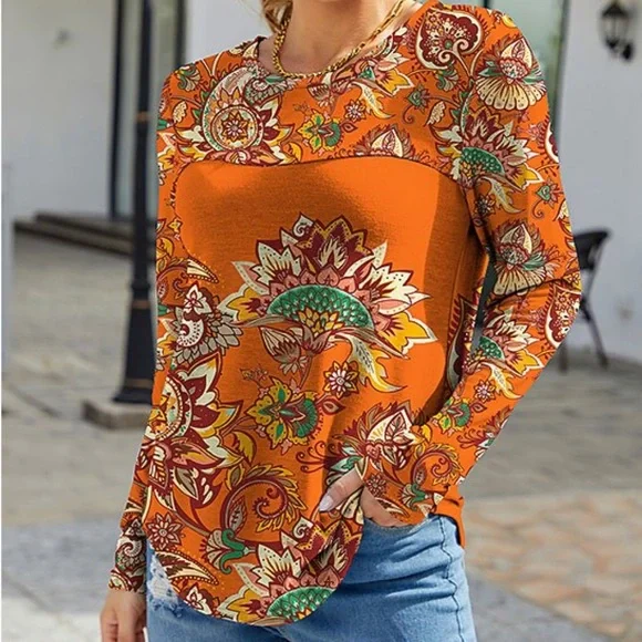 NWOT Orange Floral Scoop Neck Top - Picture 1 of 10